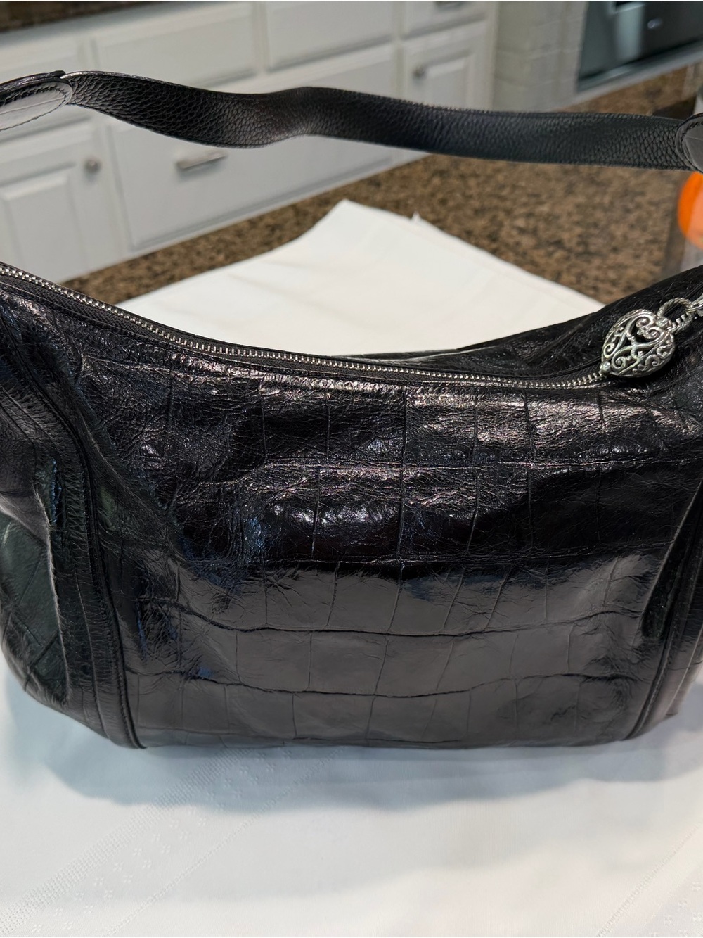 Brighton Black Croc-Embossed Leather Shoulder Bag